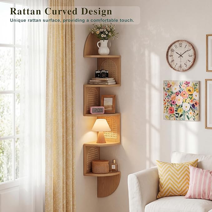 5-Tier Floating Corner Shelves for Wall, Zigzag Corner Shelf Unit, PVC Rattan