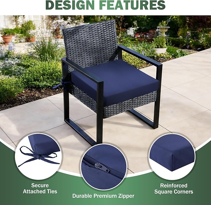 Outdoor Chair Cushions set of 4, 19x19x3 Inch Waterproof & Fade Resistant Patio Furniture Seat Cushions with Ties, Square Outdoor Dining Chair Cushions for Lawn, Garden, Deck & Yard, Navy Blue
