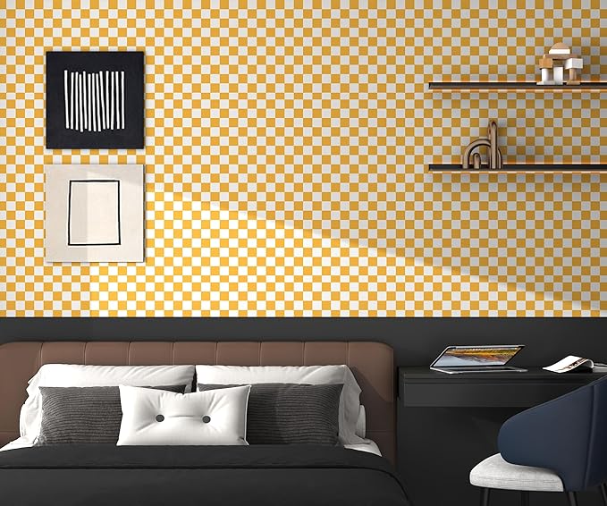 Modern Peel and Stick Wallpaper Orange and White Mosaic Checkered Contact Paper