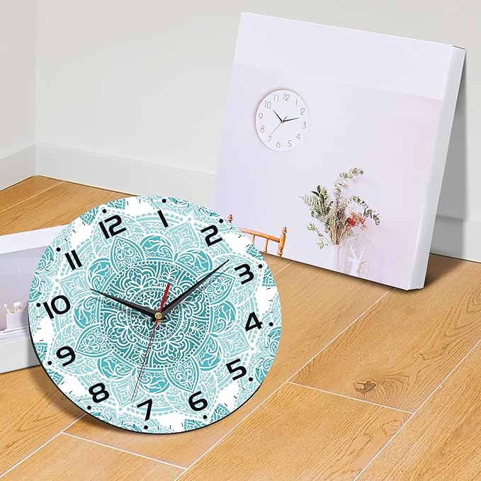 Teal Mandala Flower Wall Clock, Silent Non-Ticking, Battery Operated, Wooden