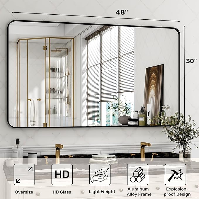 Easly 30 x 48 Inch Bathroom Mirror, Rounded Rectangular Vanity Mirror