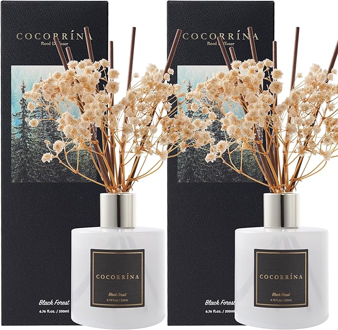 Cocorrína Premium Reed Diffuser Set with Preserved Baby's Breath & Cotton Stick Black Forest 2 Packs, 6.7oz Scent Fragrance Oil Diffuser for Bedroom Bathroom Home Décor