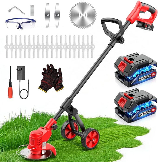 Cordless Weed Wacker with Wheels, 650W Electric Weed Trimmer, 2x2.0Ah 21V Battery Powered, 3 Types Blades Weed Eater Brush Cutter, String Trimmer Lawn Mower Edger Tool for Garden Yard