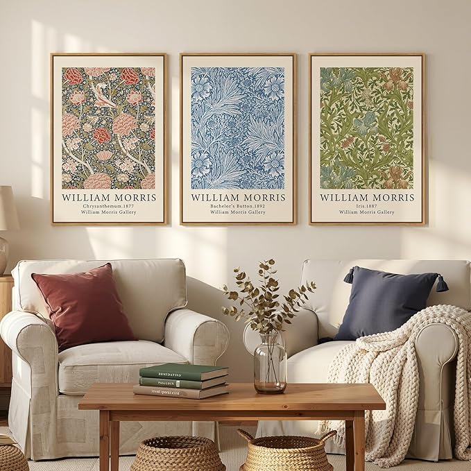 Large Framed William Morris Wall Art Set of 3, Vintage Green Botanical Floral