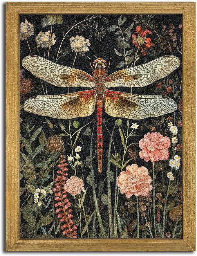 Framed Hand Drawn Sandstone Dragonfly Wall Art, Vintage 3D Textured Nature