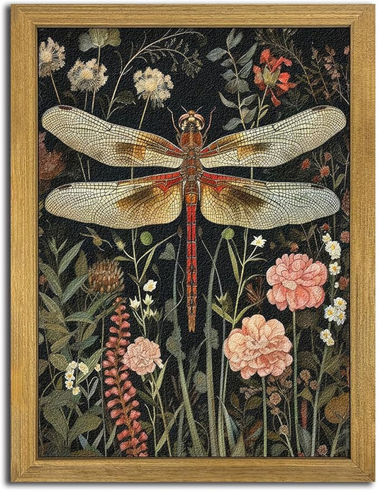 Framed Hand Drawn Sandstone Dragonfly Wall Art, Vintage 3D Textured Nature