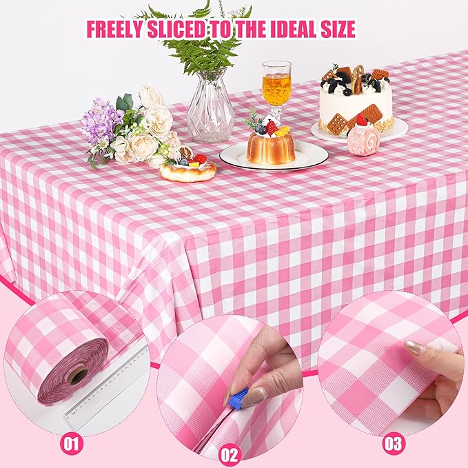 Kochorie 54 Inch x 300 Ft Light Pink Checkered Plastic Table Cloth Roll