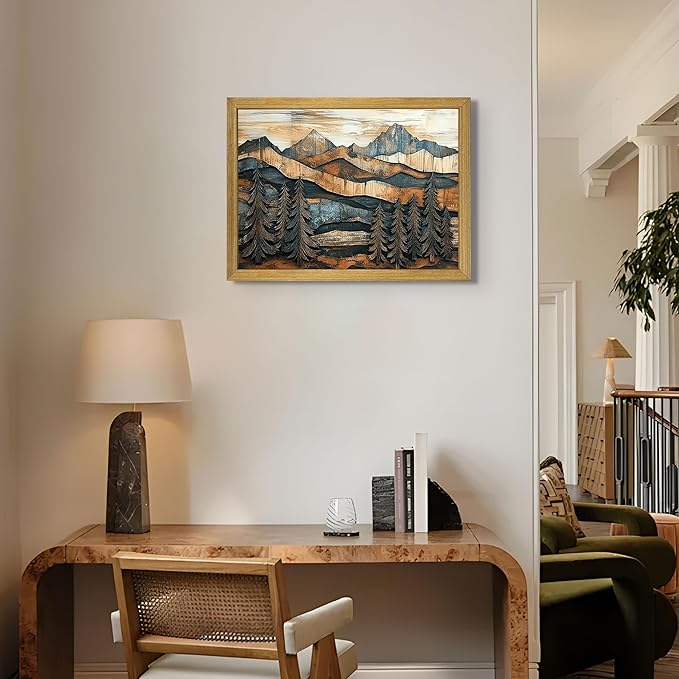 Vintage Boho Mountain Wall Art, Framed Landscape Canvas Wall Art, Nature Forest