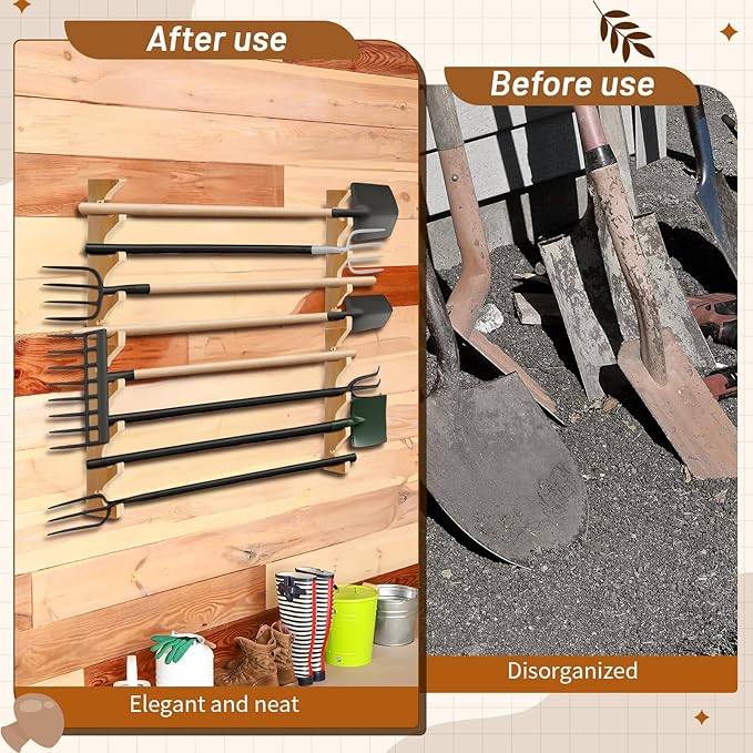 Beeveer 2 Pairs Pine Wood Garden Tool Organizer Wall Mount Garage Shed Yard Organization Racks Horizontal Garden Tool Holder for Wall Shovels Rakes Long Handled Objects Storage, 8 Slots in Total