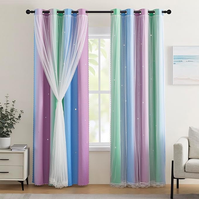 XiDi Blue & Rainbow Curtains for Kids & Girl Rooms