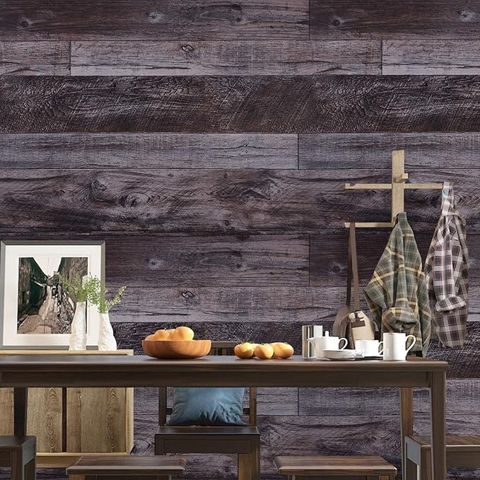 WENMER 17.71" x 197" Grey Wood Peel and Stick Wallpaper