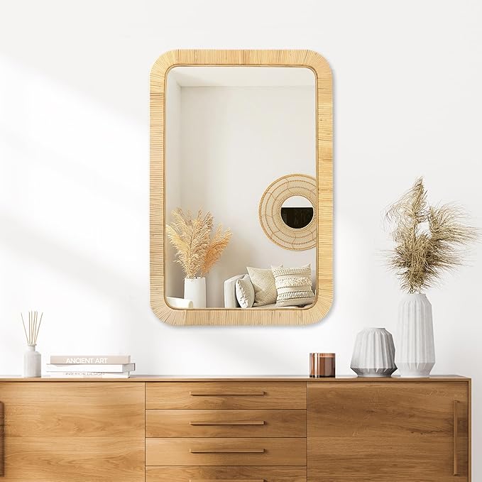 PERFNIQUE Rattan Mirror, Decorative Wall Nursery Decor, Rustic Farmhouse