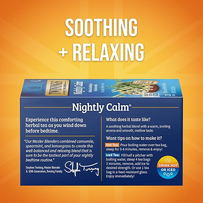 Twinings Nightly Calm Herbal Tea Individually Wrapped Bags, 20 Count (Pack of 6), Spearmint & Lemongrass, Naturally Caffeine-Free, Enjoy Hot or Iced, 120 Teabags