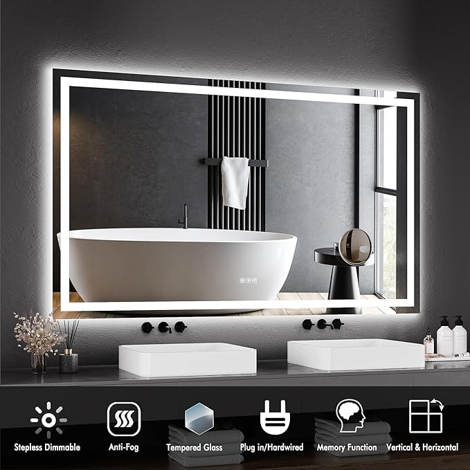 LED Bathroom Wall Mirror 60 x 36 Inch, Frameless Vanity Mirror