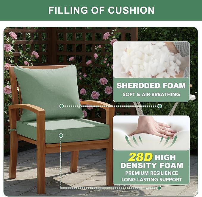 Summsun Outdoor Cushions for Patio Furniture, Faux Linen Water Resistant Backrest and Deep Seat Cushion Set with Removable Cover, Straps, Non-Slip Bottom, 24 x 24 Inch, Sage Green, Set of 4