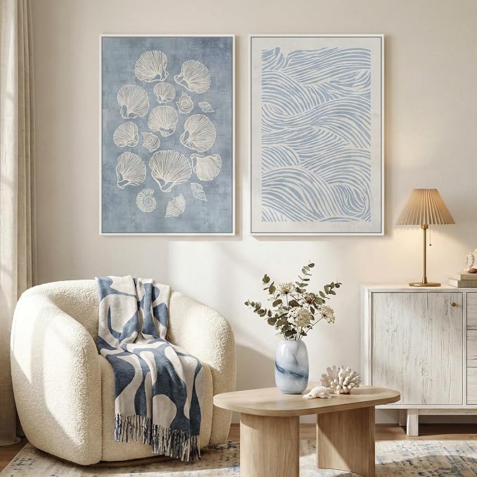 Framed Abstract Coastal Blue White Wall Art