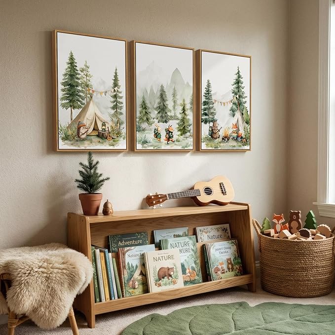 Framed Forest Animal Wall Art for Nursery, 3 Piece Nature Cute Whimsical Bear Fox Rabbit Canvas Painting Prints for Modern Farmhouse, Rustic Cabin Toddler Girl Artwork for Bedroom Kids Room, 16x24