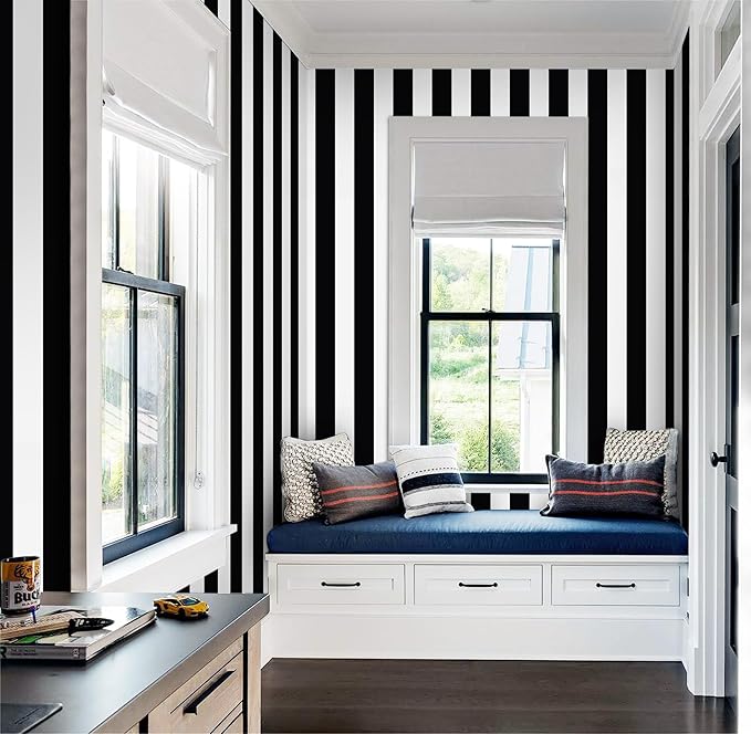 Guvana 472.4"x17.7" Striped Peel and Stick Wallpaper Black and White