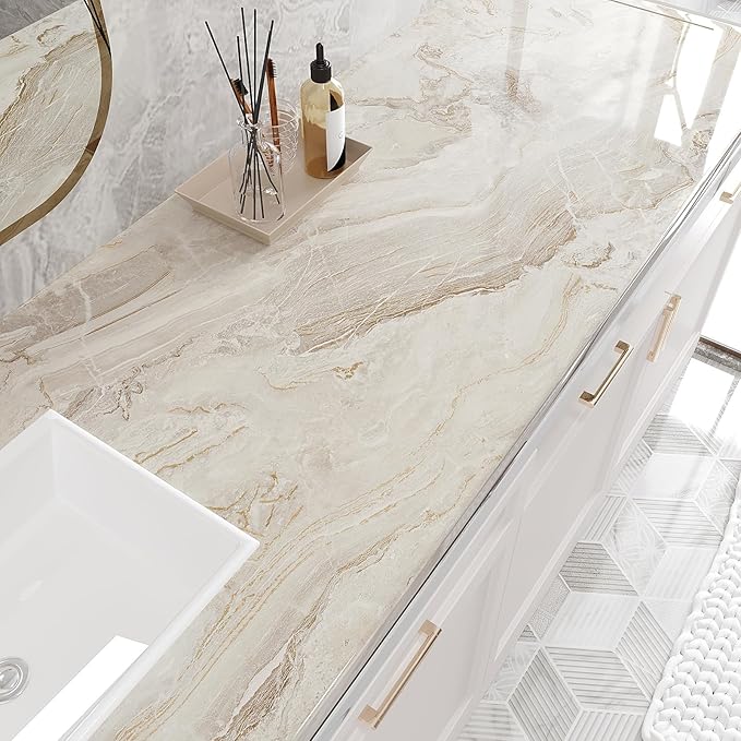 VEELIKE Glossy Beige Gold Liquid Marble Contact Paper