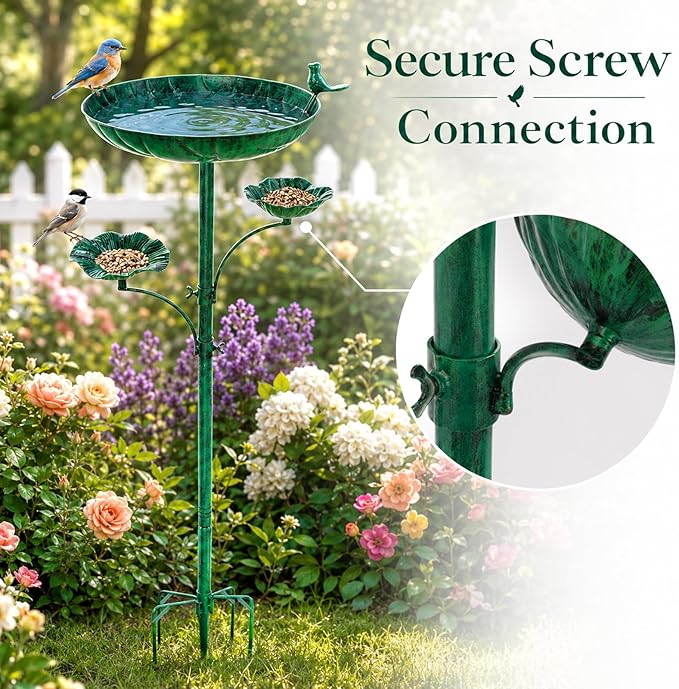 HUFAND Triple Bowl Bird Bath for Outside, 3-in-1 Bird Bath & Feeder with 4-Claw Ground Stake, 51in Height, 11.8in Large Top Bowl, Outdoor Birdbath for Garden Patio Yard Decor, Copper-Green
