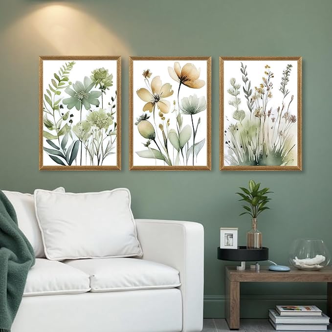 SYWENNOI Wood Framed Green Botanical Canvas Wall Art, Boho Floral Watercolor