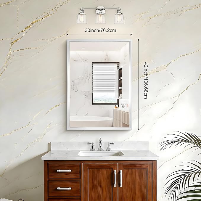 42x30 Silver Bathroom Mirror, Brushed Silver Rectangular Mirror