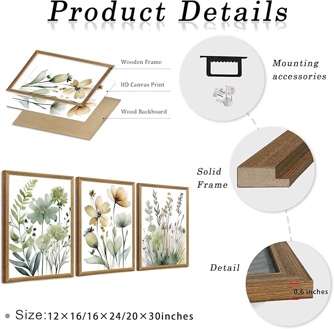 SYWENNOI 3 Pieces Wood Framed Green Botanical Canvas Wall Art, Boho Floral