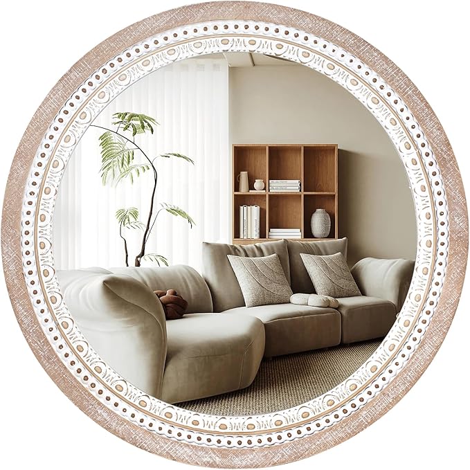Reflinto 30 Inch Rustic Farmhouse Round Wood Mirror Wall Decor, Boho Circle