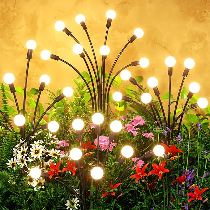 Solar Lights Outdoor(8 Pack,64 LEDs),Solar Lights Outdoor Waterproof for Garden Decor,4 Modes Firefly Light for Outdoor Decor,Big Bulb High Lumens Patio Decor,Sway by Wind,Gardening Gifts for Women
