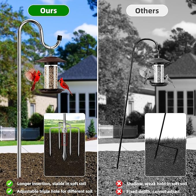 COCONUT 78 Inch Shepherds Hook for Bird Feeder, 5/8 Inch Width Heavy Duty Adjustable Outdoor Shepherd Hooks with 5-Prong Base for Lanterns Planting Hanger Weddings Decor, Silver