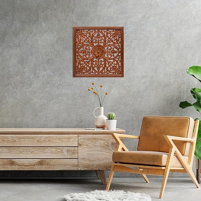 Homebia Designs Handmade Carved Wooden Wall Hanging Plaque 24x24 Inch Elegant