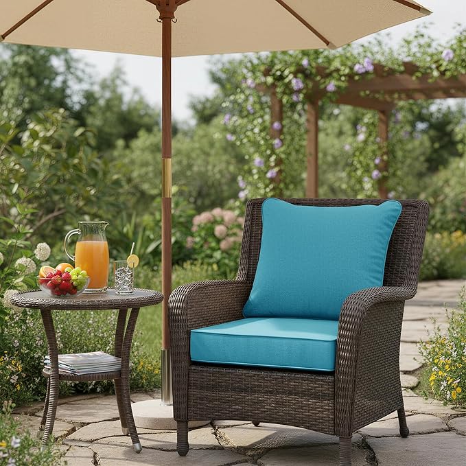 Summsun Faux Linen Outdoor Chair Cushions, Water Resistant Backrest and Deep Seat Cushion Set with Removable Cover, Straps, Non-Slip Bottom for Patio Furniture, 24 x 24 Inch, Teal