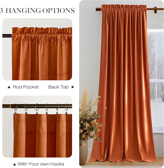 NICETOWN Orange Velvet Curtains 90 inch Long