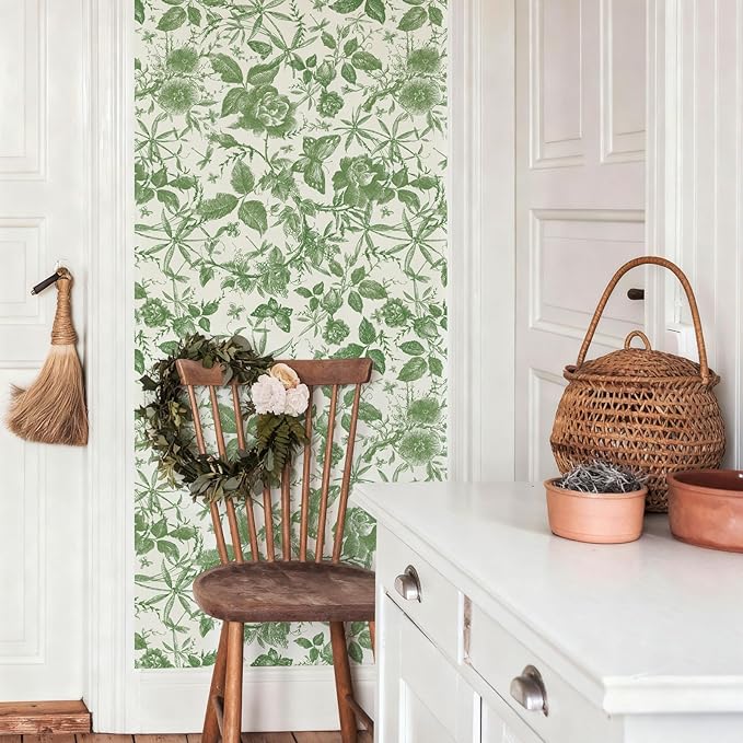 JiffDiff Floral Vintage Wallpaper Peel and Stick，Green Rose Wallpaper Removable