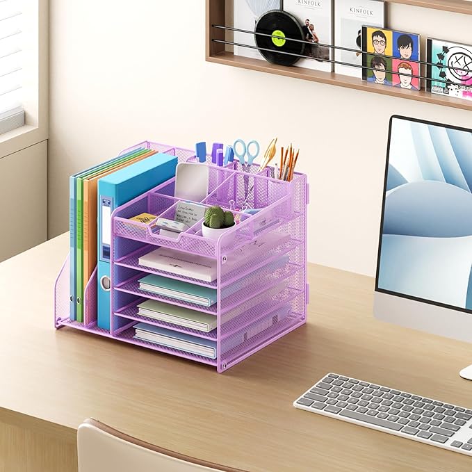 Lavatino 5-Tier Desk Organizer with 2 File Holders, Metal Adjustable Paper Letter Tray for Office or Home Desk Organizers and Accessories | 7 Flexible Dividers Keep Workspace Supplies Neat, Purple