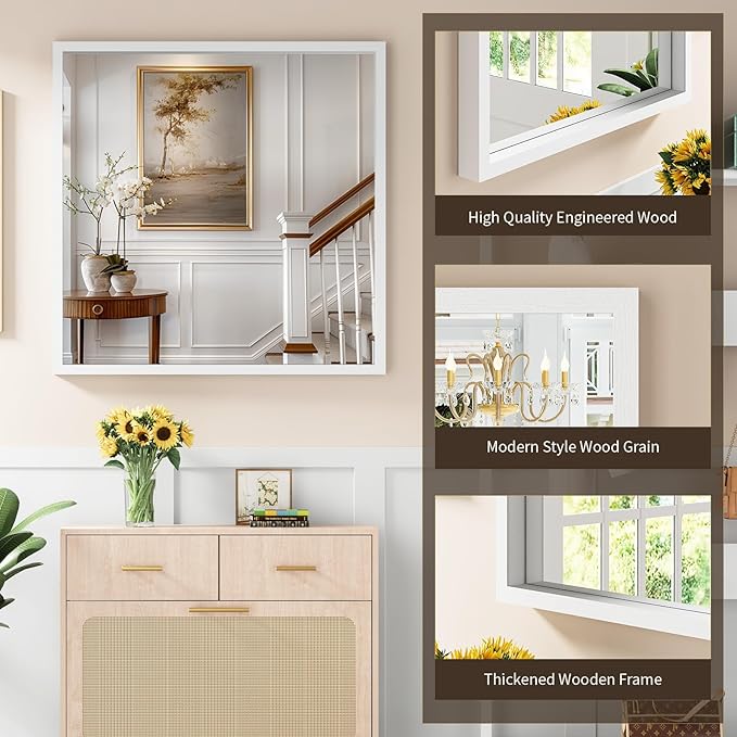 Syndra Square White Wood Frame Bathroom Mirror, Waterproof Slim Deep Frame