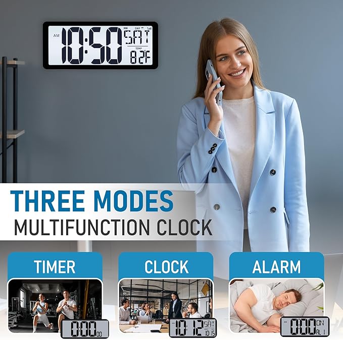 TXL Atomic Clock with Backlight, 14.2" Large Digital Wall Clock Battery Operated