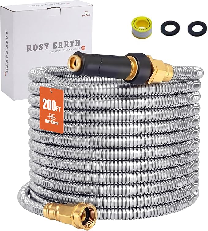 Rosy Earth Metal Garden Hose 200 FT - 304 Stainless Steel Water Hose 200 FT - Expandable Short Flexible Garden Hose,no Kink Explosion, no Bite