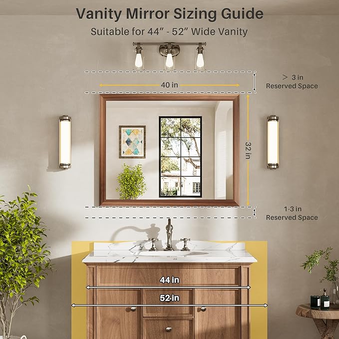 40x32 Inch Bathroom Mirror for Wall, Anti-Rust Walnut Wood Grain Metal Framed