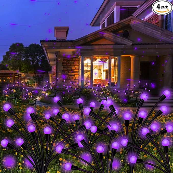 Kohlrabi Solar Garden Lights Outdoor, 4 Pack 32 LED Solar Purple Firefly Lights Waterproof, Sway by Wind, Halloween Swaying Light for Yard Patio Backyard Garden Planter Flower Bed Pathway Decoration