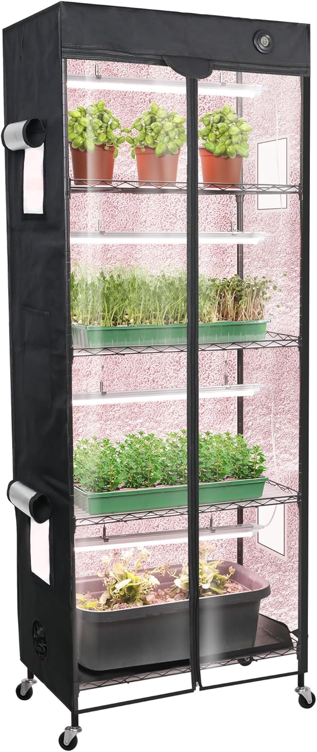 WORTH Mini Greenhouse with LED Grow Lights & Digital Thermo-Hygrometer â Portable Indoor Plant Grow Tent with Oxford Fabric Cover, Adjustable Shelves, Casters & Ventilation Flaps for Seed Starting