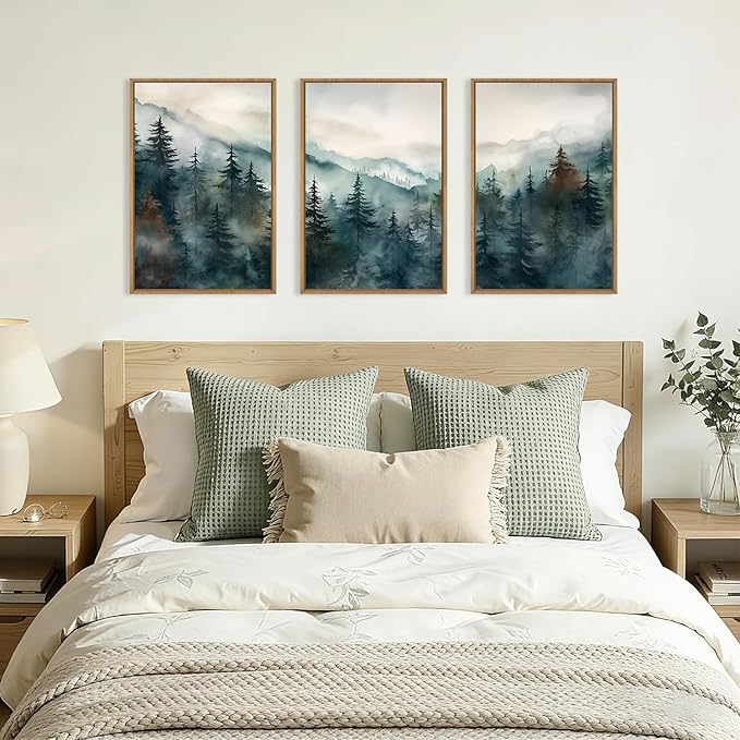 KAIRNE Watercolor Misty Forest Framed Canvas Wall Art Set, Nature Landscape Wall Decor, Foggy Mountain Pine Trees Wall Painting, Jungle Scenery Artwork for Living Room, Bedroom, Office-16 x24 x3