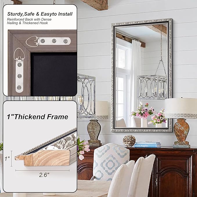Large Antique Mirror, Rectangular Retro Vintage Silver Mirrors