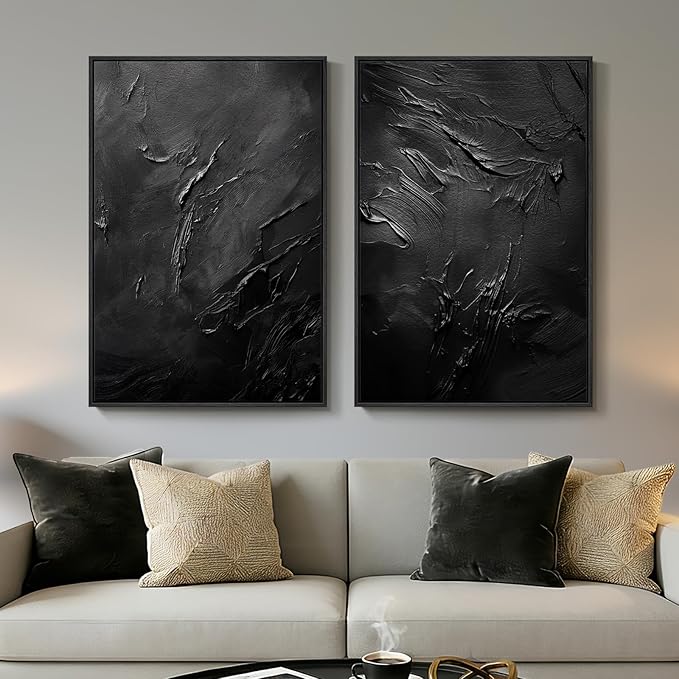 Large Framed Black Abstract Wall Art Set of 2