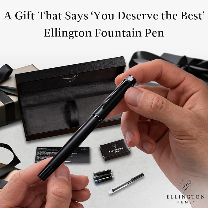 Ellington Pens Luxury Fountain Pen Set - Smooth Medium Nib - Includes 3 Ink Cartridges, Refillable Ink Converter, Gift Box - Fountain Pens For Writing, Calligraphy, Journaling, Sketching (The Stealth)