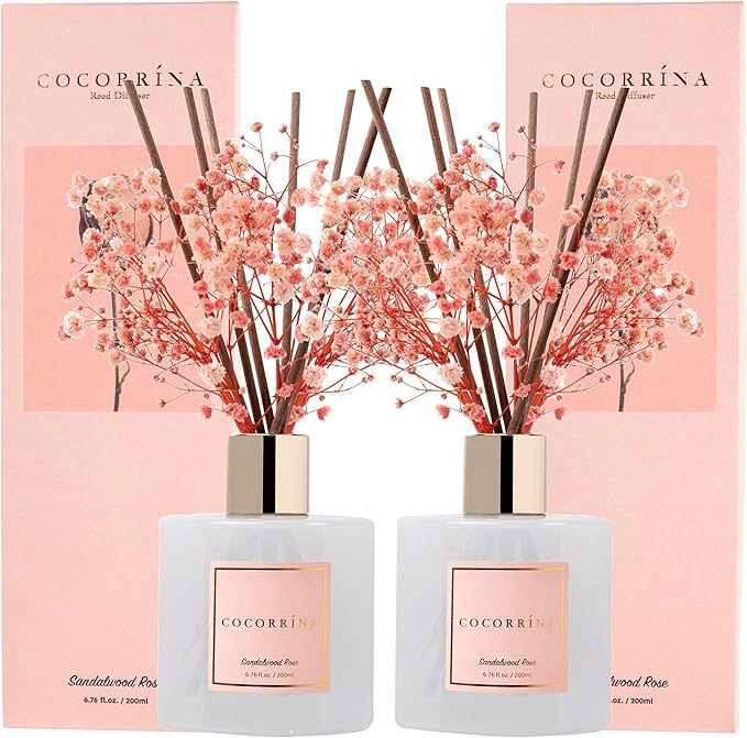 Cocorrína Premium Reed Diffuser Set with Preserved Baby's Breath & Cotton Stick Sandalwood Rose 2 Packs, 6.7oz Scent Fragrance Oil Diffuser for Bedroom Bathroom Home Décor