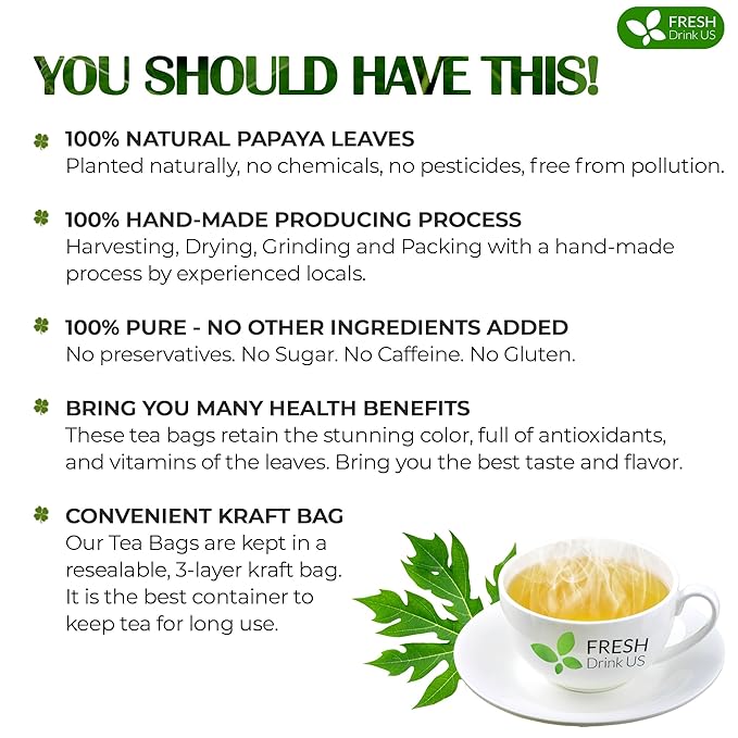 FreshDrinkUS, Premium 40 Papaya Leaf Tea Bags, 100% Natural & Pure. Loose Leaf Papaya Herbal Tea. Made with Natural Material Tea Bags. No Sugar, No Caffeine, No Gluten, Vegan.