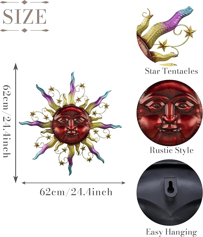 TERESA'S COLLECTIONS Outdoor Sun Metal Wall Art for Outdoor Decor,25" Red Sun Face 3D Wall Decor for Garden Decor,Rustic Retro Hanging Sculpture for Outside indoor Home Patio Farmhouse Gifts for Mom