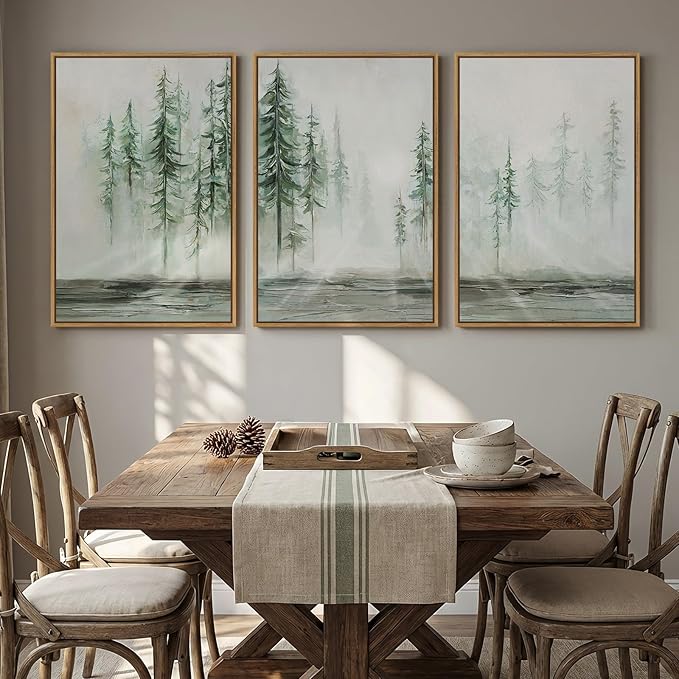 Framed Green Abstract Landscape Wall Art for Living Room, Large 3 Piece Neutral Forest Tree Canvas Artwork for Walls, Modern Wall Art Decor Nordic Painting Picture Prints for Hallway Office 24x36 Inch