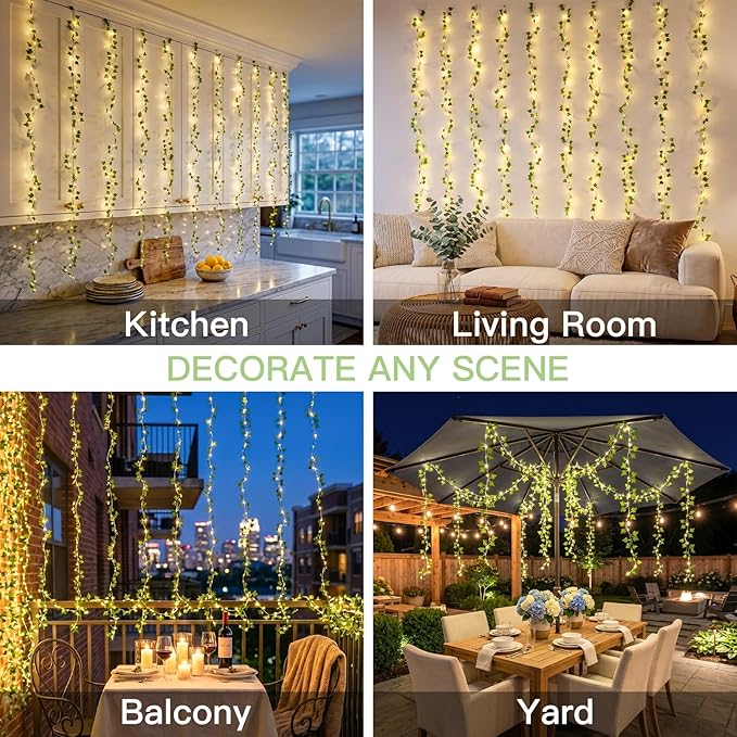 suddus 200 LED Vine with Light Plug in, 6.5ft x 6.5ft Ivy Fairy Curtain Lights
